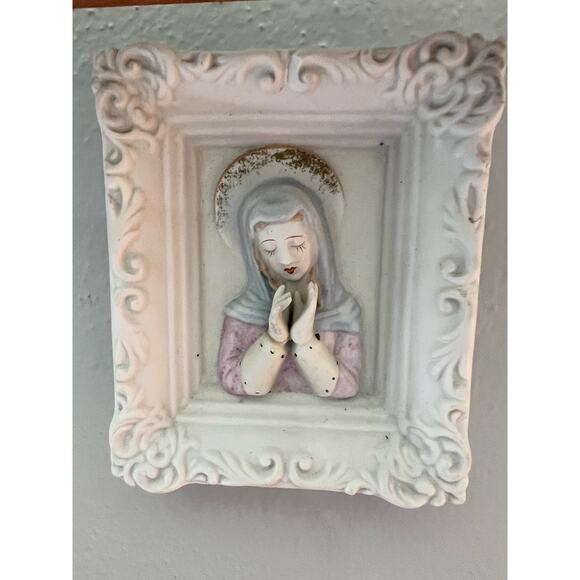 Lefton Mary Madonna Praying Vintage Hand Painted Porcelain Wall Plaque Religious - Picture 4 of 4